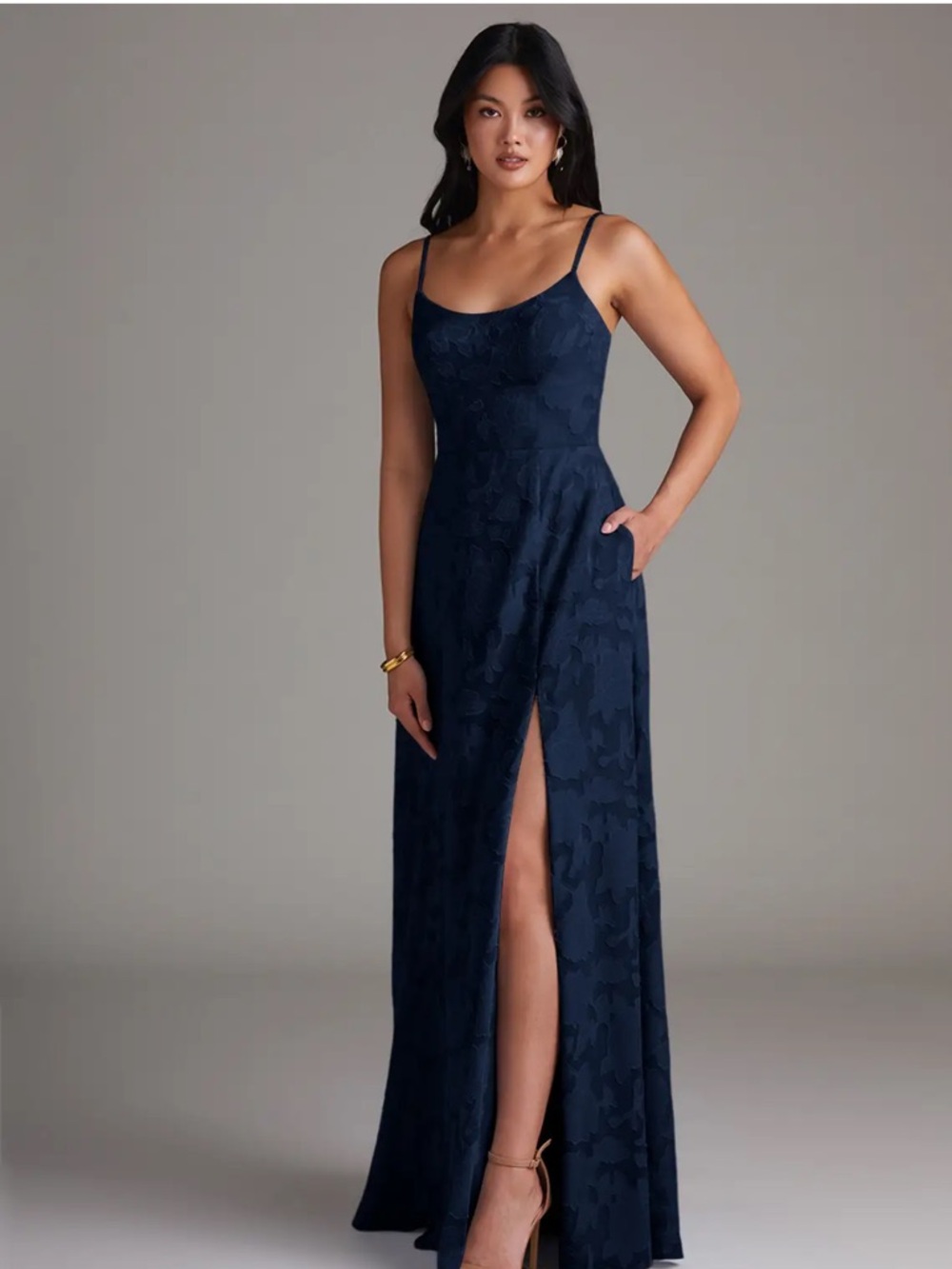 Dark Navy A-Line Side Slit Floral Burnout Dress
